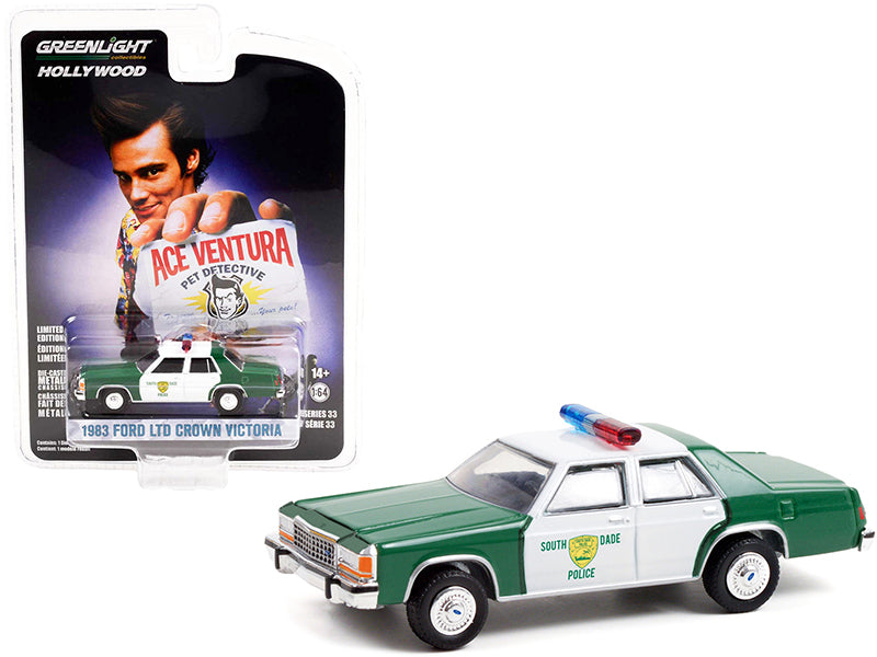 1983 Ford LTD Crown Victoria Green and White "Miami-Dade Police Department" "Ace Ventura: Pet Detective" (1994) Movie "Hollywood Series" Release 33 1/64 Diecast Model Car by Greenlight  free shipping USA