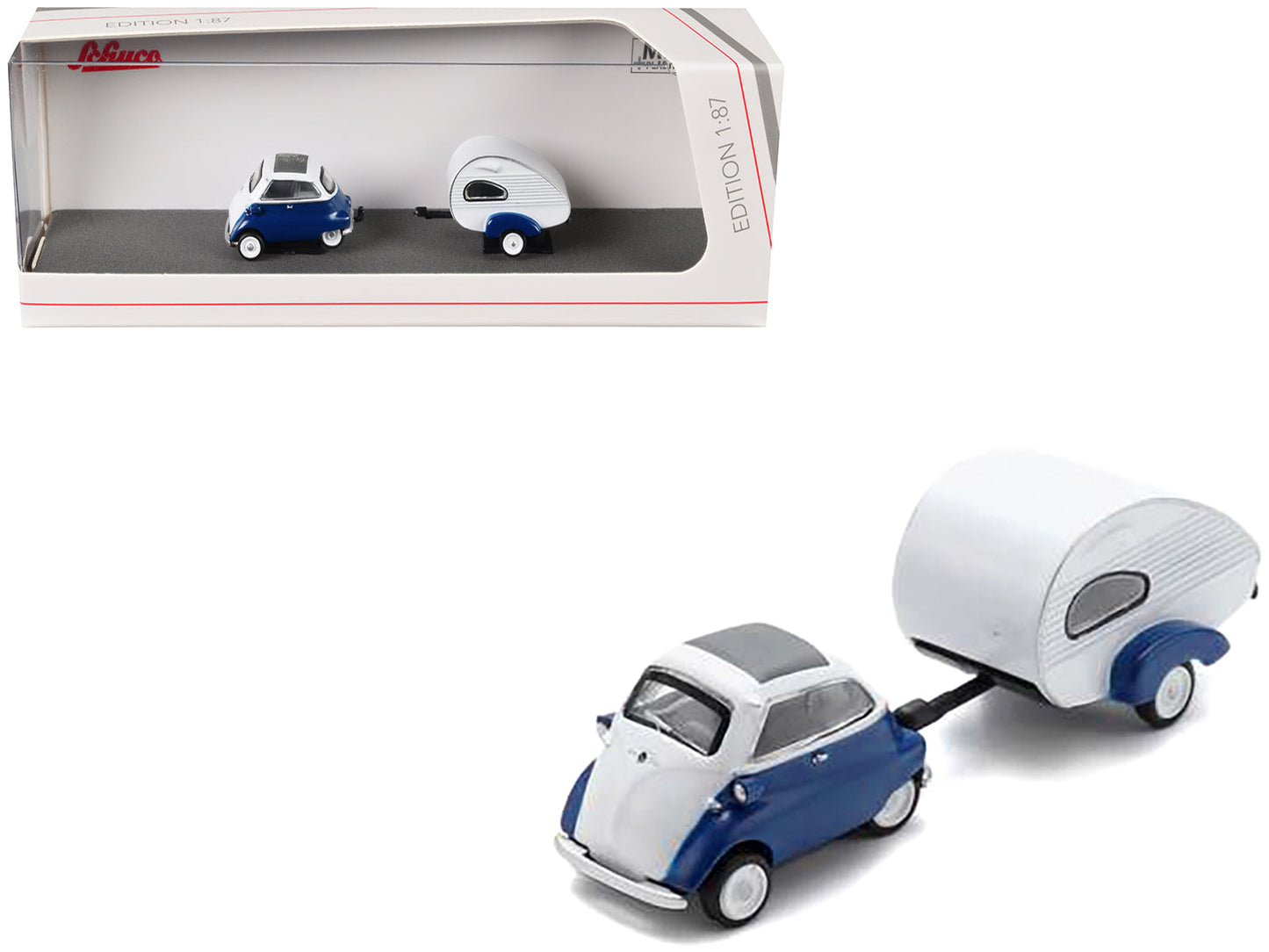 BMW Isetta Blue and White with Home Trailer 1/87 (HO) Diecast Model Car by Schuco  free shipping USA