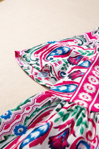 Printed Tie Neck Short Sleeve Dress