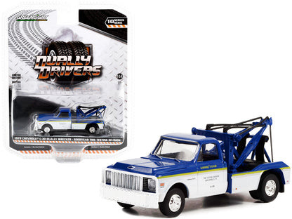1972 Chevrolet C-30 Dually Wrecker Truck White and Blue with Yellow Stripes "Goodyear Tire Testing Division" "Dually Drivers" Series 10 1/64 Diecast Model Car by Greenlight  free shipping USA