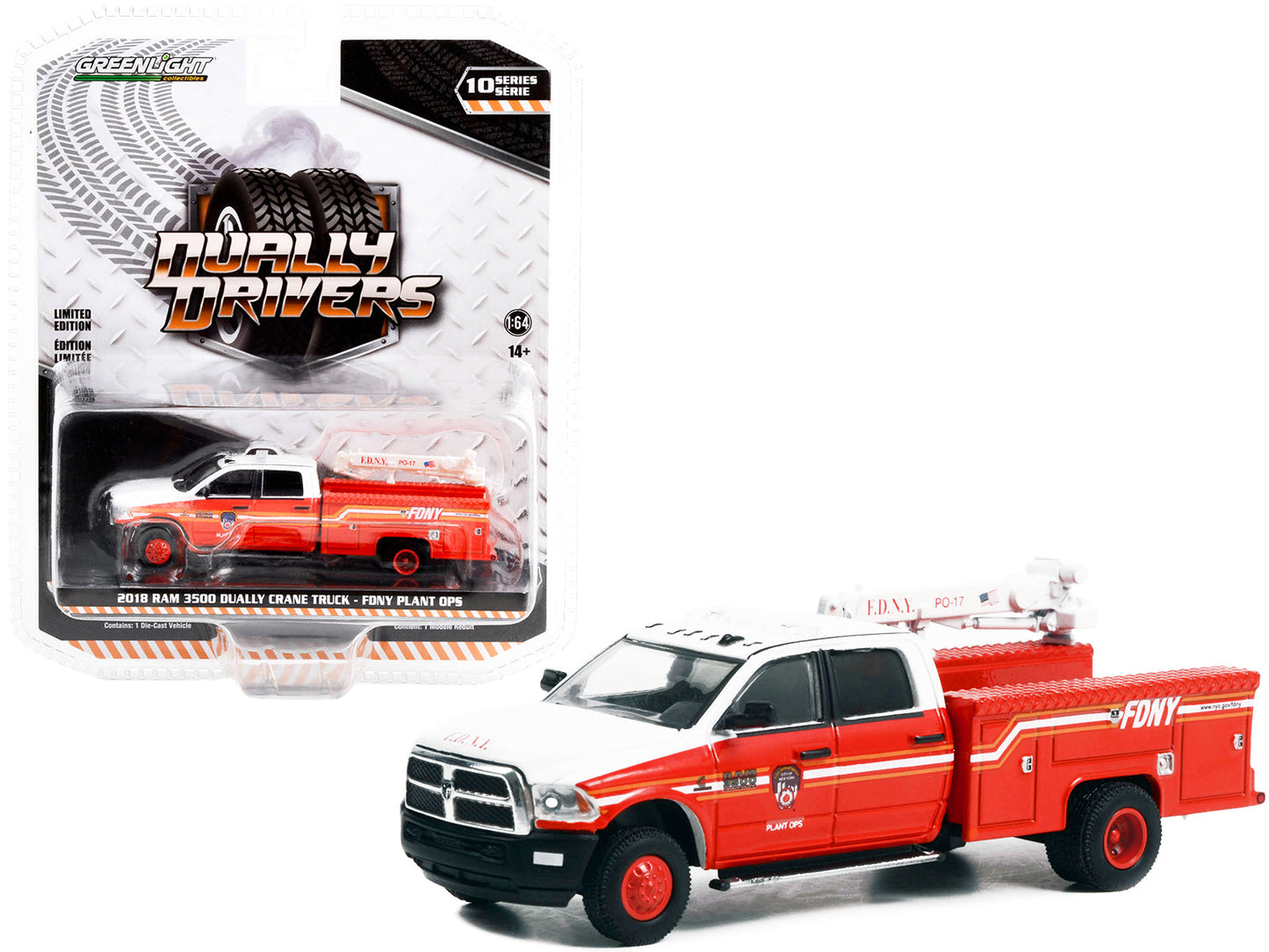 2018 Ram 3500 Dually Crane Truck Red and White with Stripes "FDNY (Fire Department of the City of New York) Plant Ops" "Dually Drivers" Series 10 1/64 Diecast Model Car by Greenlight  free shipping USA
