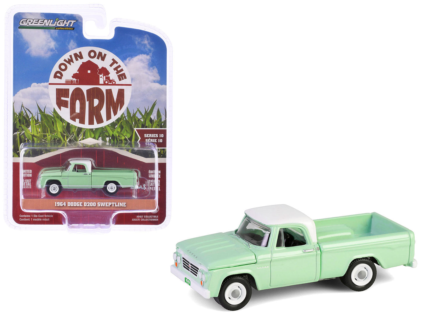 1964 Dodge D-200 Sweptline Pickup Truck Turf Green with White Top "Down on the Farm" Series 10 1/64 Diecast Model by Greenlight  free shipping USA