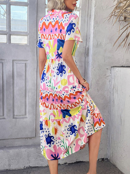 Devine Printed Johnny Collar Button Down Short Sleeve Midi Shirt Dress