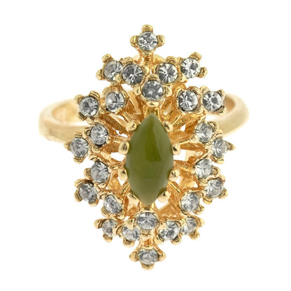 Vintage Ring Genuine Opal with Clear and Ruby Austrian Crystals 18kt Yellow Gold Electroplated by PVD Vintage Jewelry