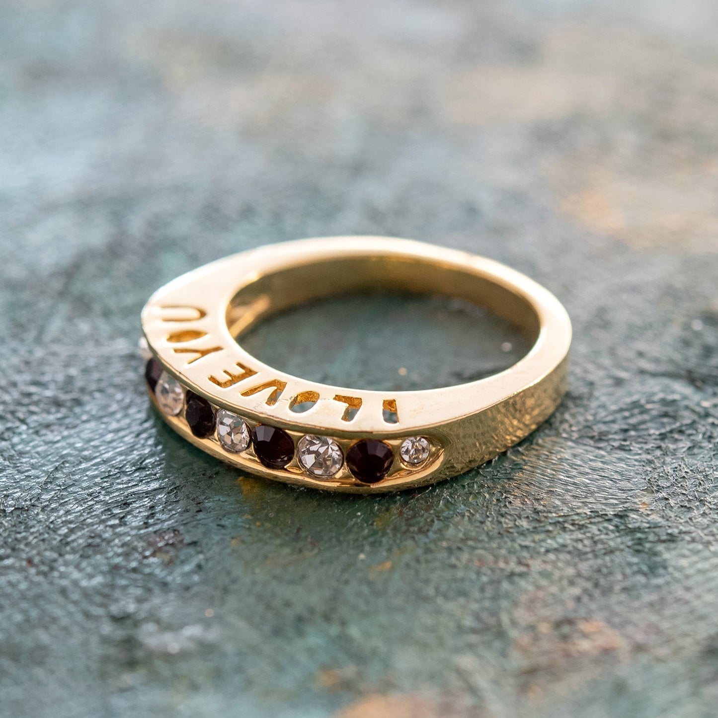 Vintage 1980s I Love You Ring Band Ring Garnet and Clear Austrian Crystals Imported by PVD Vintage Jewelry