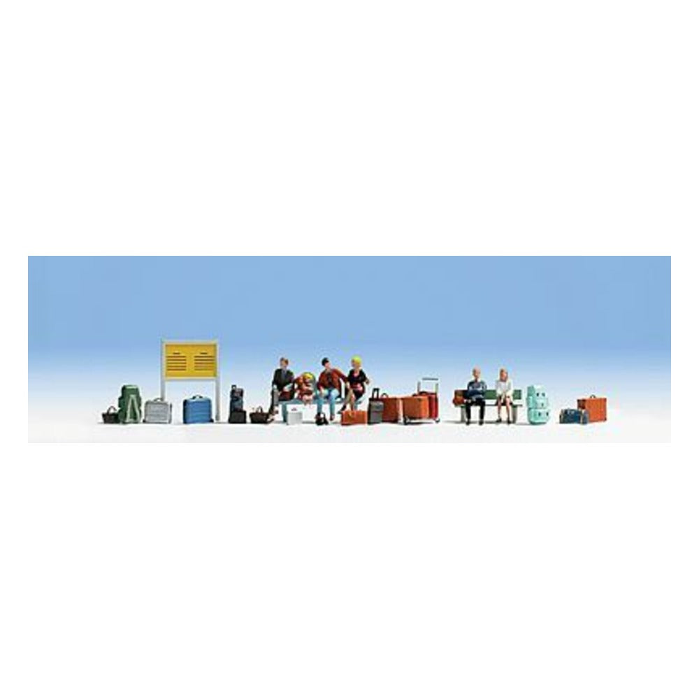 Noch 15531 HO Scale Seated Travelers & Accessories -- 6 Travelers, Luggage, Signboard, Waiting Room Seat, Cart