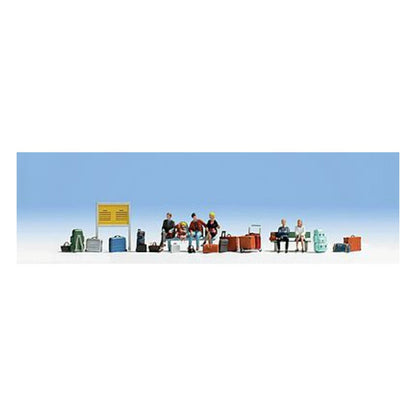 Noch 15531 HO Scale Seated Travelers & Accessories -- 6 Travelers, Luggage, Signboard, Waiting Room Seat, Cart