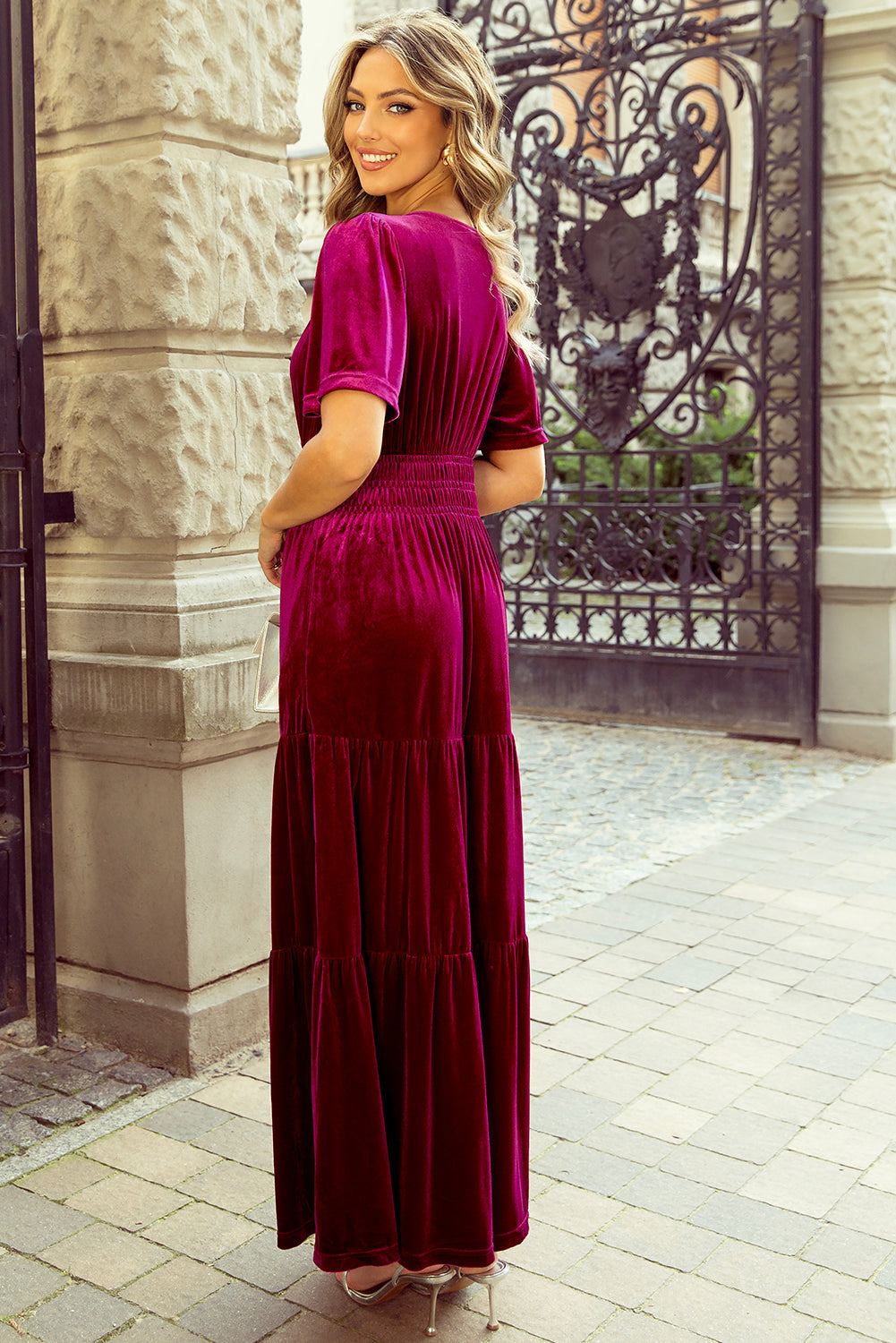 Katherine Velvet Short Sleeve Shirred Waist Tiered Dress by Poppy Lee Lane