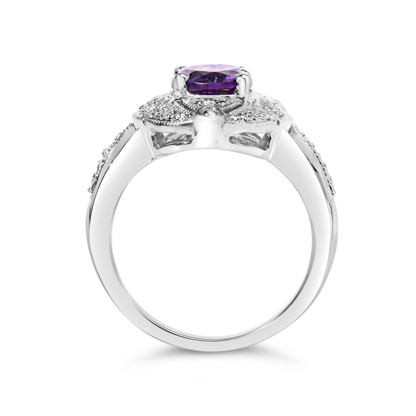 .925 Sterling Silver 9x7mm Oval Purple Amethyst and Round Diamond Accent Fashion Cocktail Ring (I-J Color, I1-I2 Clarity) by Haus of Brilliance