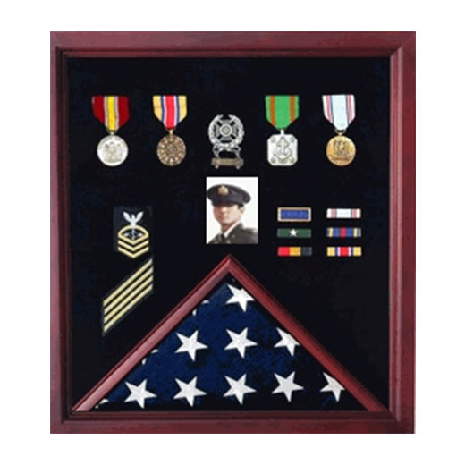 Flag Photo and Badge Display Case - Walnut Material.