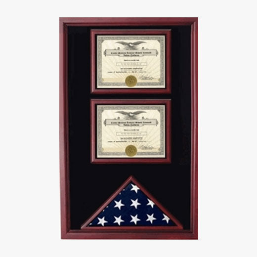 2 Certificates Flag Display case - Black or Red or Blue or Green Background Color.