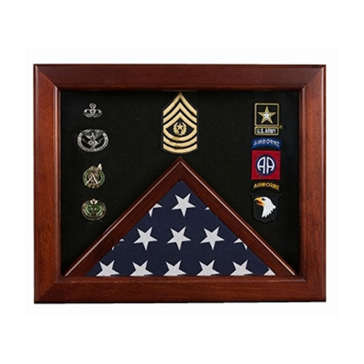 Military Flag medal display case, Mahogany wood for 3x5 flag available in blue or black.