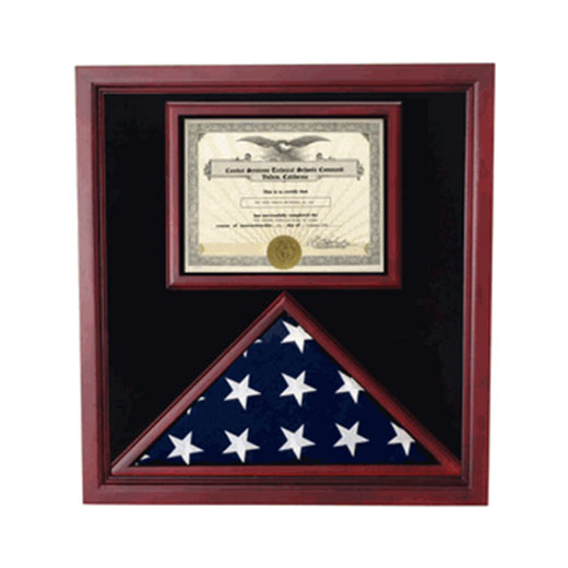 Flag and Certificate Case, Flag Display Cases With Certificate - Black Velvet, Navy Blue Velvet, Red Velvet or Maroon Velvet background Color.