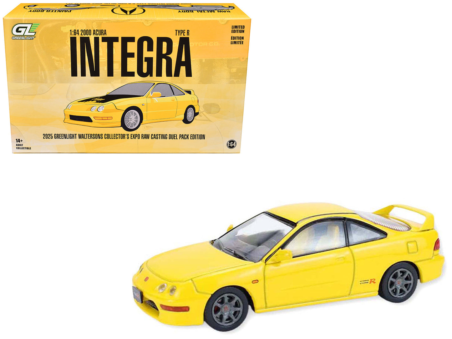 2000 Acura Integra Type R Yellow with Raw Casting Dual Pack "2025 Greenlight Waltersons Collector's Expo Exclusive" 1/64 Diecast Model Car by Greenlight  free shipping USA