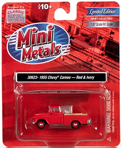 1955 Chevrolet Cameo Pickup Truck Red and Ivory 1/87 (HO) Scale Model Car by Classic Metal Works