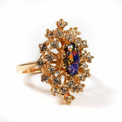 Vintage Ring Genuine Opal with Clear and Ruby Austrian Crystals 18kt Yellow Gold Electroplated by PVD Vintage Jewelry
