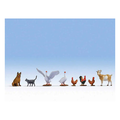 Noch 17903 O Scale Farm Animals -- 2 geese, 3 Chickens, 1 Each: Goat, Dog, Cat