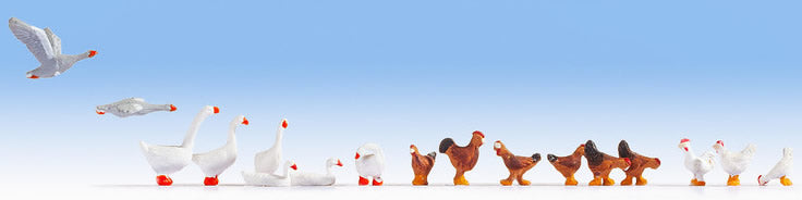 Noch 15772 HO Scale Chickens & Geese Figure Set, 17 Pieces
