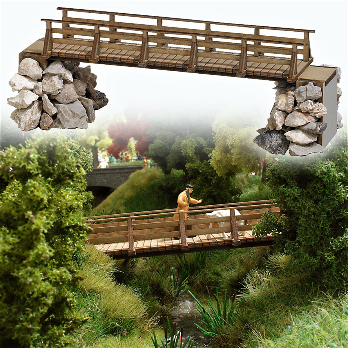 Busch 1497 HO Scale Wooden Foot Bridge w/Abutments Kit