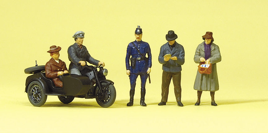 Preiser 10565 HO Pedestrians & Motorcycle w/Sidecar Figures