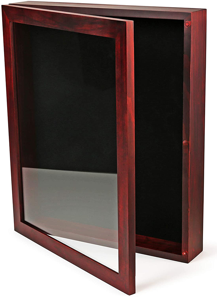Shadow Box Display Case | Magnetically Opens and Closes like a Door - Real Wood, Strong Glass, Linen Background | Cherry Red