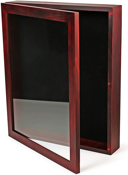 Shadow Box Display Case | Magnetically Opens and Closes like a Door - Real Wood, Strong Glass, Linen Background | Cherry Red