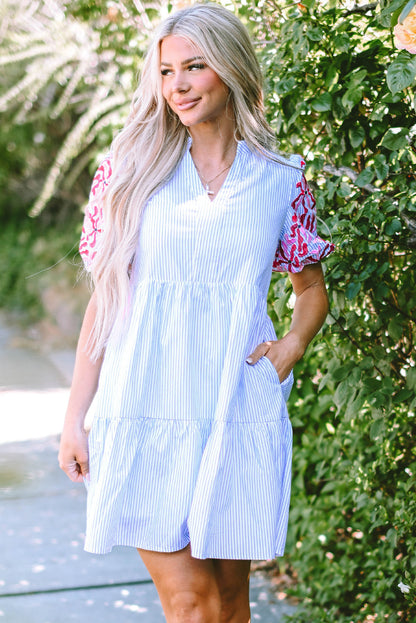 Stripe Contrast Floral Puff Sleeve Tiered Ruffle Dress by Poppy Lee Lane