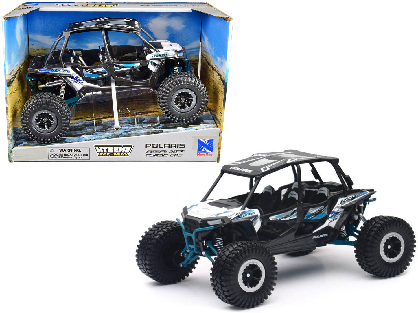 Polaris RZR XP 4 Turbo EPS Sport UTV White with Graphics and Black Top "Xtreme Off-Road" Series 1/18 Diecast Model by New Ray  free shipping USA