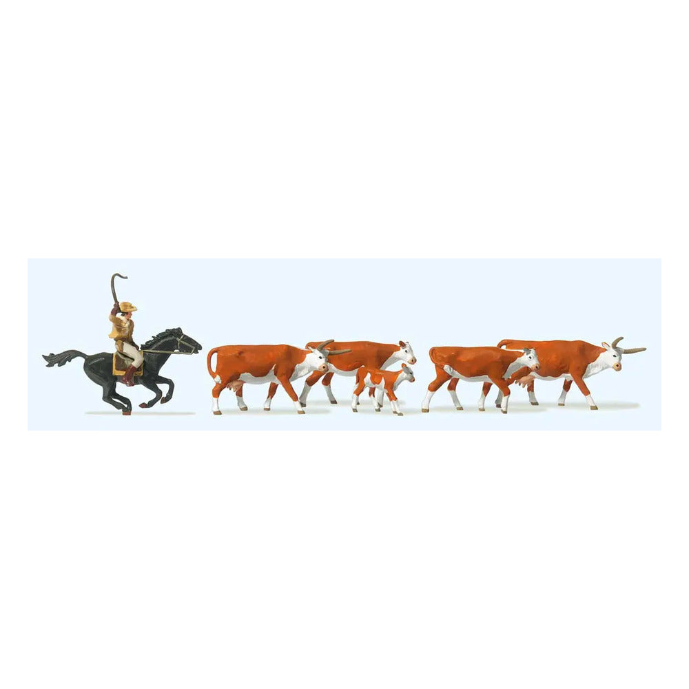 Preiser 10159 HO Scale Riding Cowboy and 5 Longhorn Cattle