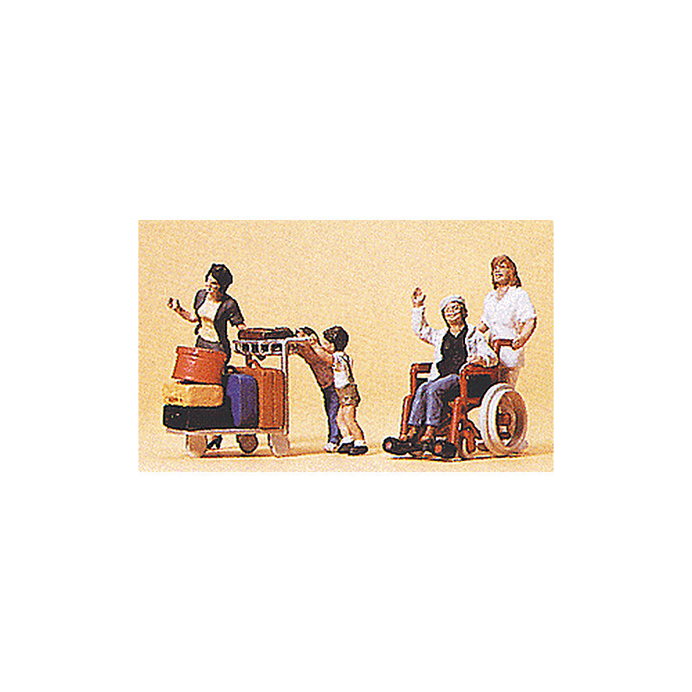 Preiser 10465 HO Scale Passengers Travelers Pushing Cart & Wheelchair