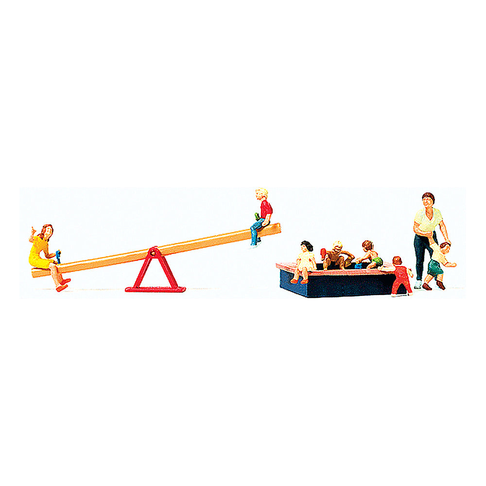 Preiser 10587 HO Scale Pedestrians Children at Play pkg(8) w/Seesaw