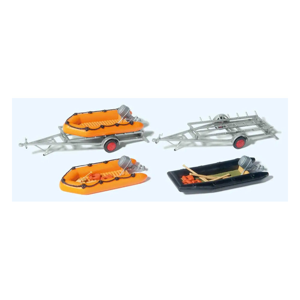 Preiser 17312 HO Scale 3 Rubber Dinghy Boats and Two Trailers