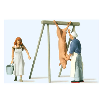 Preiser 44935 G Scale Slaughtering at the Farm 2 figures, Pig and