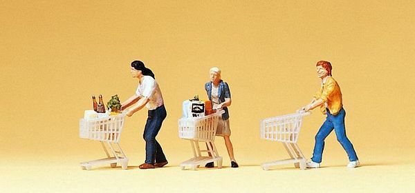 Preiser 10488 HO Scale Pedestrians People w/Grocery Carts pkg(3) - 3