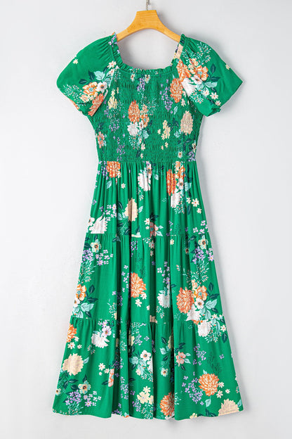 Floral Print Bubble Sleeve Smocked Tiered Midi Dress