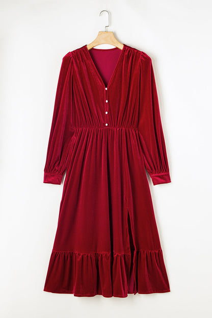 Olivia Velvet Buttoned Puff Sleeve V Neck Split Midi Dress by Poppy Lee Lane