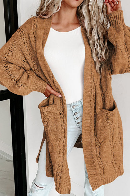 Cable-Knit Dropped Shoulder Slit Cardigan
