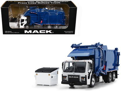 Mack LR Refuse Garbage Truck with McNeilus Meridian Front Loader White and Blue with Trash Bin 1/64 Diecast Model by DCP/First Gear  free shipping USA