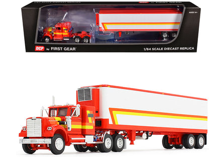 White Western Star 4900 with 36" Vintage Flat Top Sleeper and Wilson 40' Vintage Refridgerated Trailer Red and White with Stripes 1/64 Diecast Model by DCP/First Gear  free shipping USA