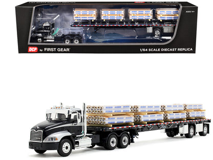 Mack Pinnacle Day Cab with Minimizer Parts & 53' Wilson Roadbrute Flatbed Trailer with "Carlisle Roofing" Loaded Pallets Black with Silver Top and Stripes 1/64 Diecast Model by DCP/First Gear  free shipping USA