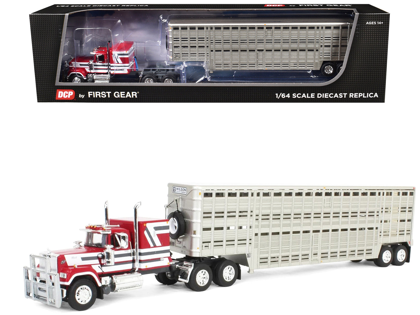 Mack Super-Liner with 60" Flat Top Sleeper and 45' Wilson Vintage Livestock Trailer Red with White and Gray Stripes 1/64 Diecast Model by DCP/First Gear  free shipping USA