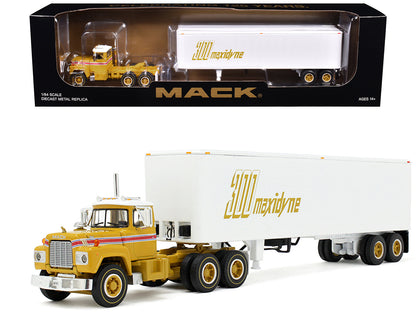Mack R-Model Day Cab and 40' Vintage Trailer Yellow with Red Stripes and White Top "Mack Anniversary" 1/64 Diecast Model by DCP/First Gear  free shipping USA