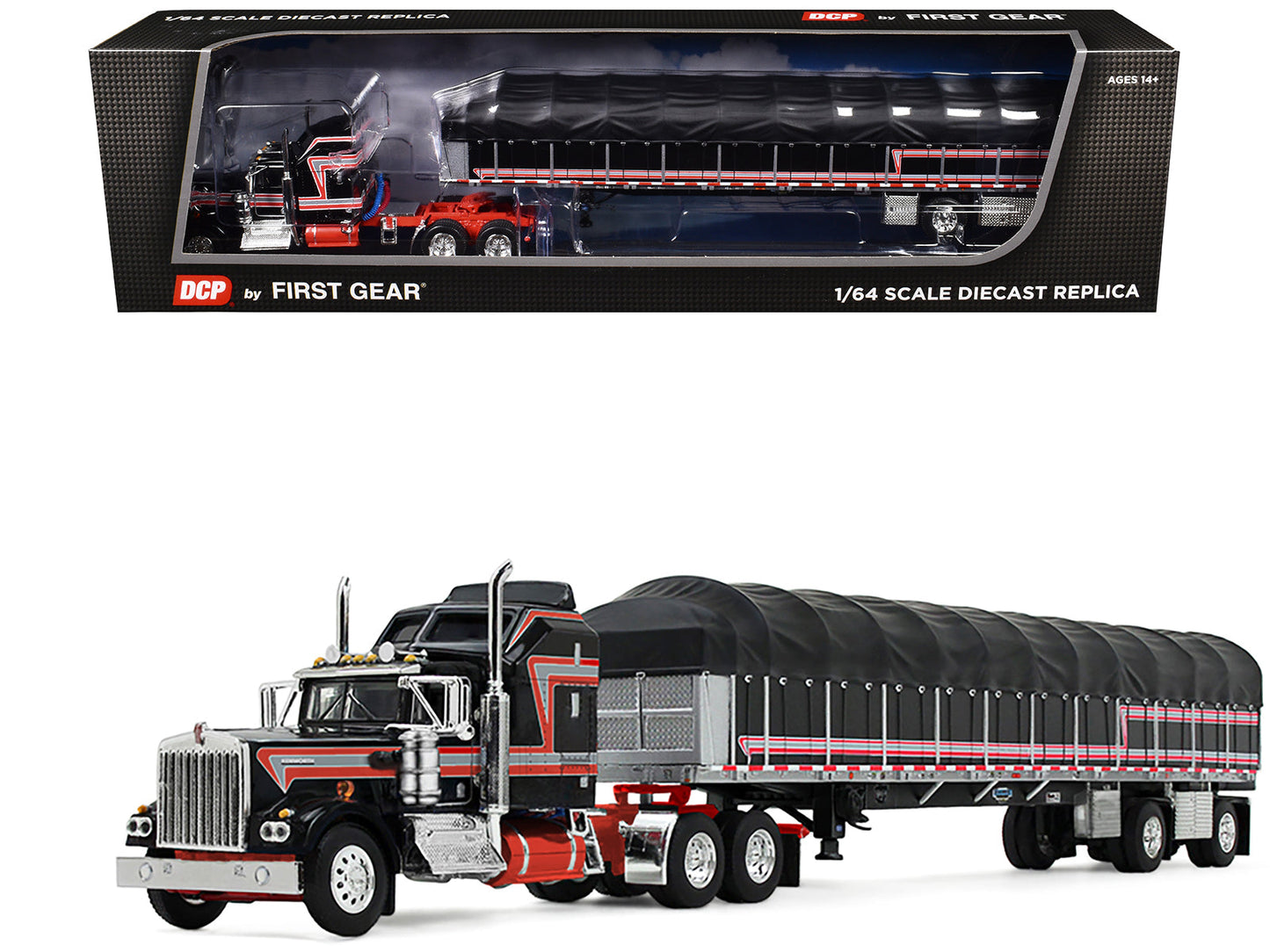 Kenworth W900A with 60" Aerodyne Sleeper and 53’ Wilson Roadbrute Flatbed Trailer with Covered Wagon Black with Red Stripes 1/64 Diecast Model by DCP/First Gear  free shipping USA