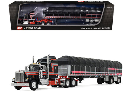 Kenworth W900A with 60" Aerodyne Sleeper and 53’ Wilson Roadbrute Flatbed Trailer with Covered Wagon Black with Red Stripes 1/64 Diecast Model by DCP/First Gear  free shipping USA
