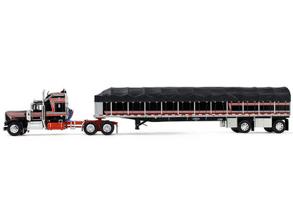 Kenworth W900A with 60" Aerodyne Sleeper and 53' Wilson Roadbrute Flatbed Trailer with Covered Wagon Black with Red Stripes 1/64 Diecast Model by DCP/First Gear