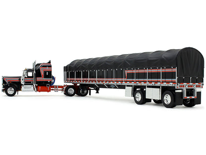 Kenworth W900A with 60" Aerodyne Sleeper and 53' Wilson Roadbrute Flatbed Trailer with Covered Wagon Black with Red Stripes 1/64 Diecast Model by DCP/First Gear