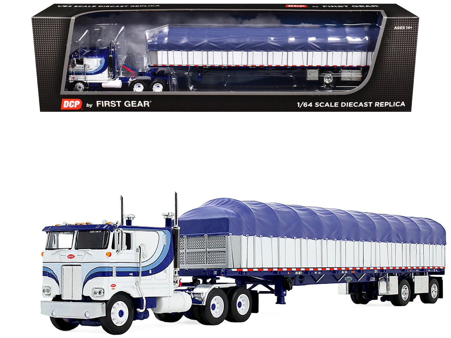 Peterbilt 352 COE 110" Sleeper and 53’ Wilson Roadbrute Flatbed Trailer with Covered Wagon White with Blue Stripes 1/64 Diecast Model by DCP/First Gear  free shipping USA