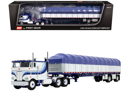 Peterbilt 352 COE 110" Sleeper and 53’ Wilson Roadbrute Flatbed Trailer with Covered Wagon White with Blue Stripes 1/64 Diecast Model by DCP/First Gear  free shipping USA
