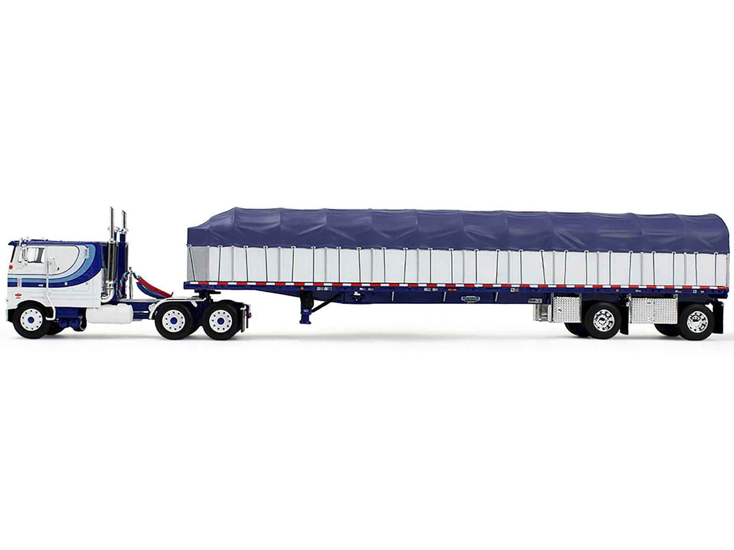 Peterbilt 352 COE 110" Sleeper and 53' Wilson Roadbrute Flatbed Trailer with Covered Wagon White with Blue Stripes 1/64 Diecast Model by DCP/First Gear