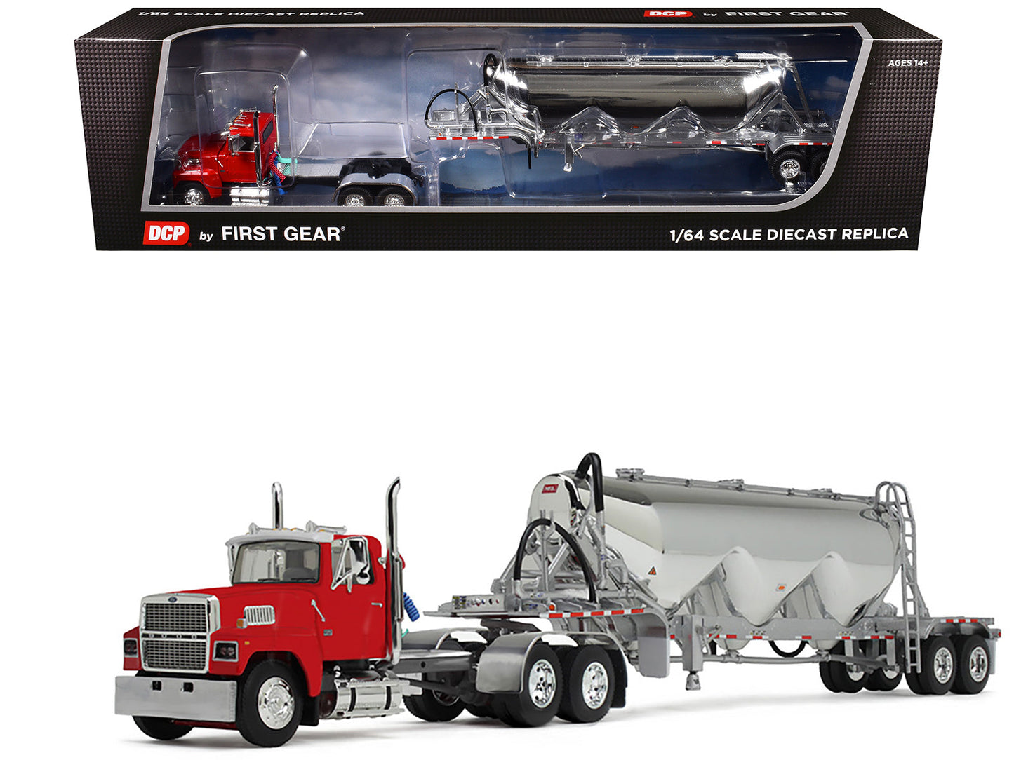 Ford LTL 9000 Day Cab with Heil Pneumatic Tank Trailer Heil Red 1/64 Diecast Model by DCP/First Gear  free shipping USA